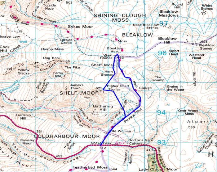 The route: Bleaklow Head and Higher Shelf Stones from Snake Pass
