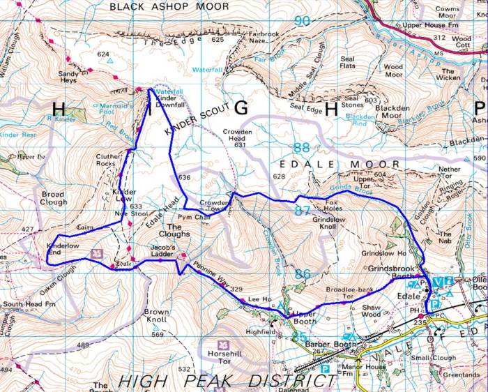 The route: KInder Scout from Edale via Grindsbrook Clough and Kinderlow End