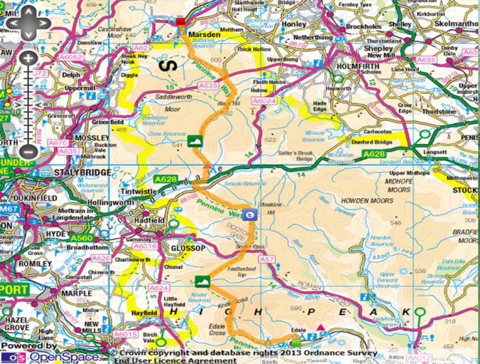 Pennine Way - Edale To Marsden (click on map to view zoomable version on Social Hiking)