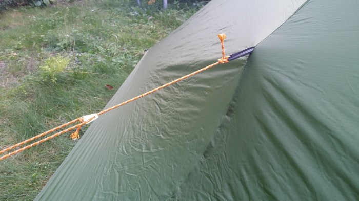 Half-way up the back corner guyline - in orange for ease of identification